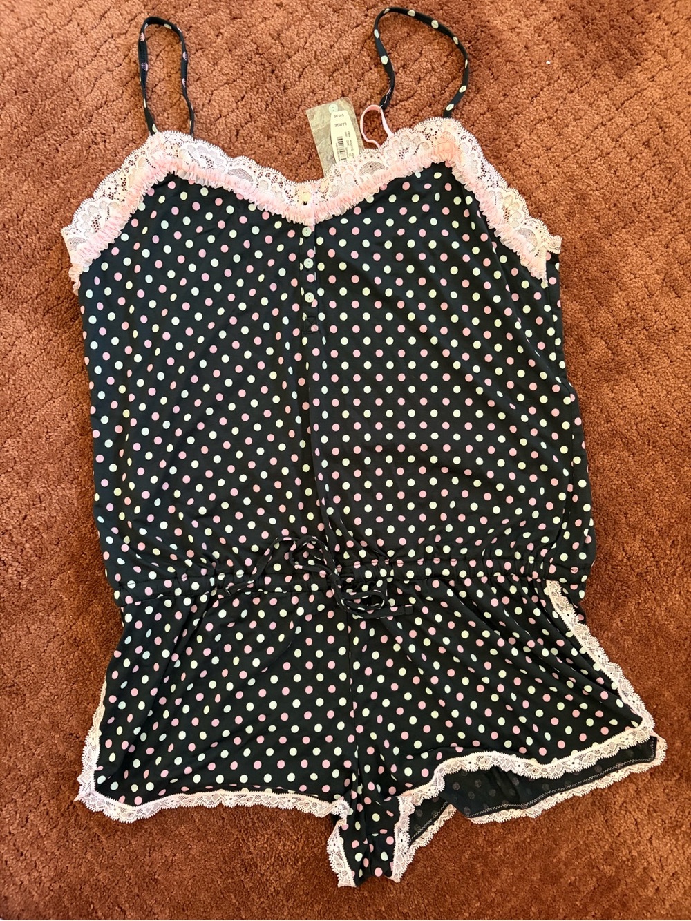 NWT Victoria’s Secret Polka Dot Lace-Trim Romper Pajama - Black with Pink Dots